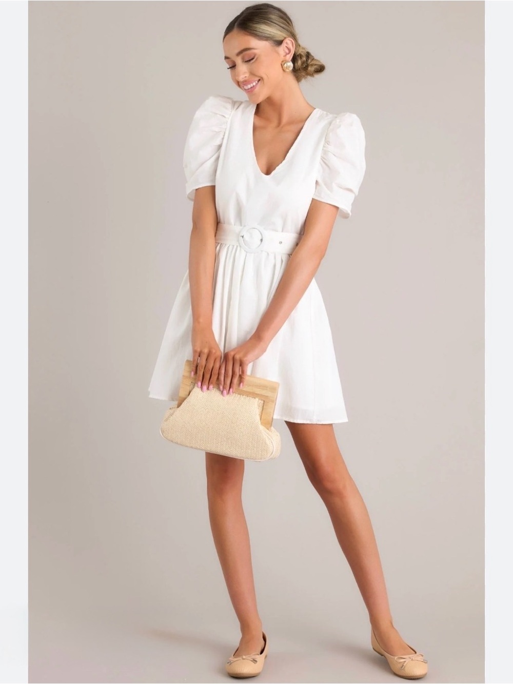 NWT Red Dress Boutique White Puff-Sleeve Belted Mini Dress